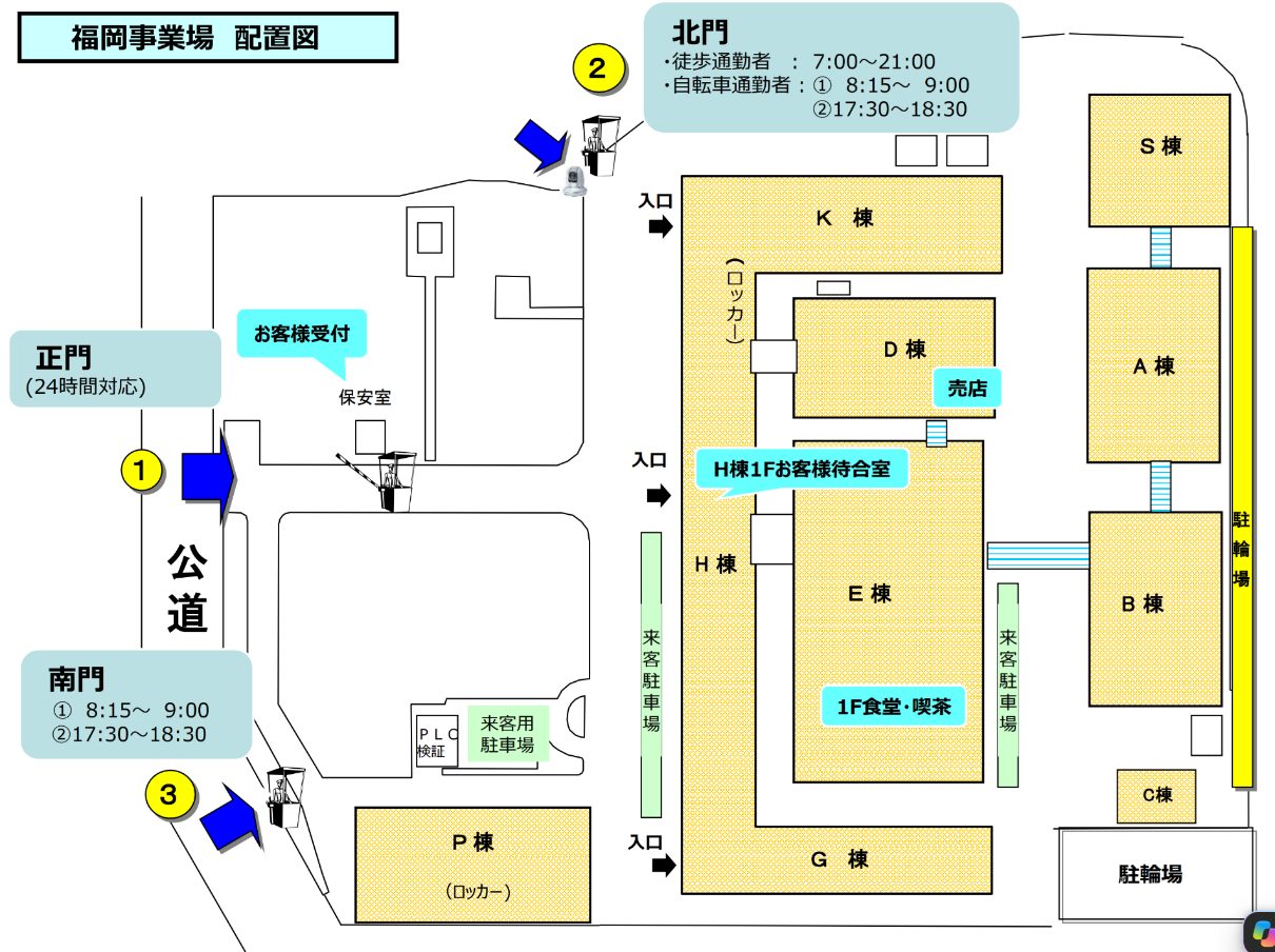 福岡事業場 所内配置図（①正門、来客用駐車場、E棟の位置）